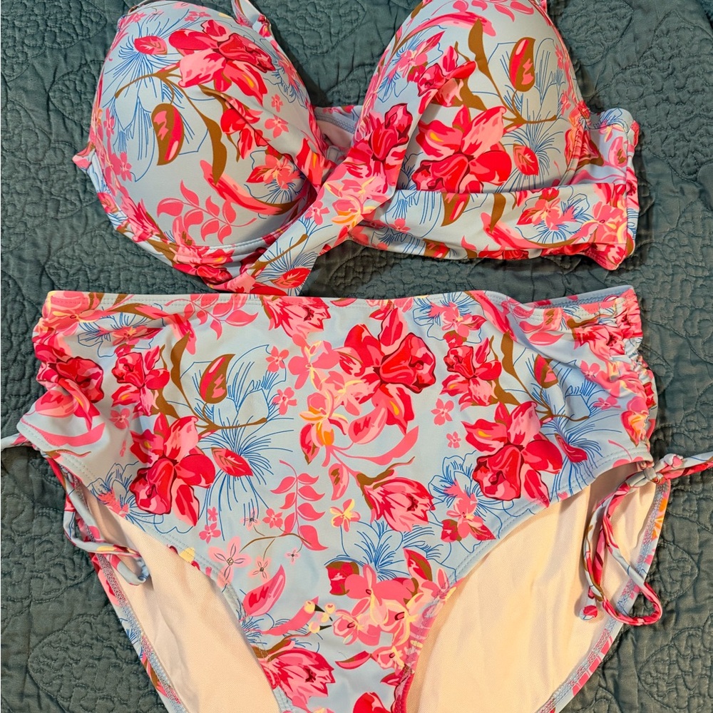 Amazon Women Swim Floral Bikini Set in Light Blue, Pink and Coral- NWOT